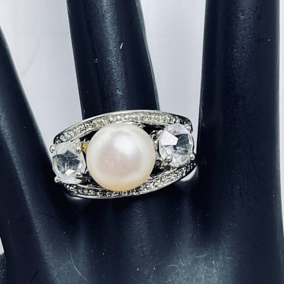 Silver Tone Statement Ring With Faux Pearl & Clear Rhinestones Size 6.25 (R447) - Picture 2 of 8